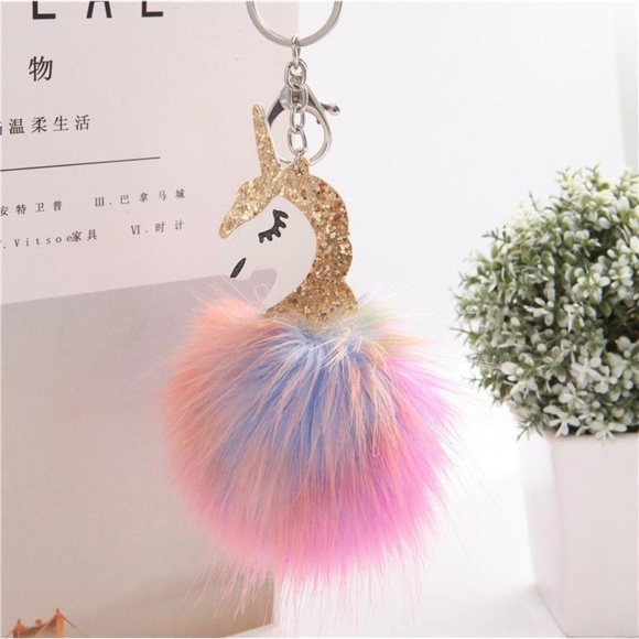 Accessories - Gold Sparkle Unicorn Fluffy Key Chain Bag Charm